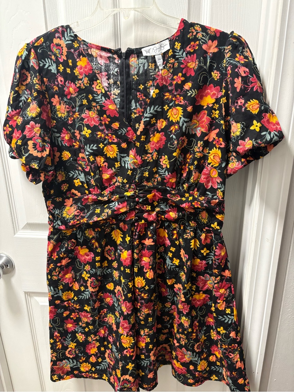 Jessica Simpson Black Floral Tie-Waist Dress with Pink & Yellow Blooms